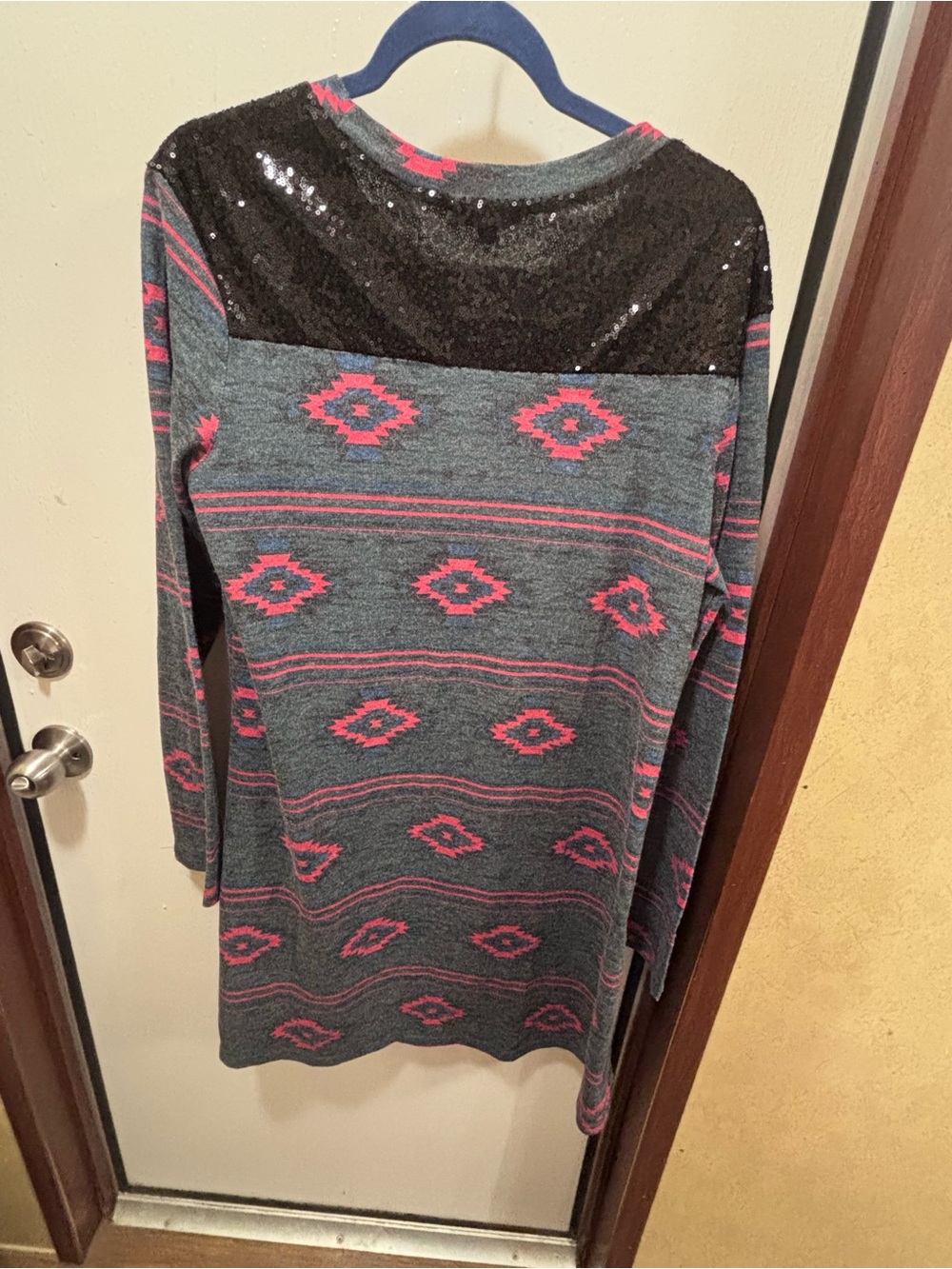 Simply Southern Charcoal Gray & Pink Aztec Long Sleeve Top with Sequin Shoulders - Picture 2 of 3